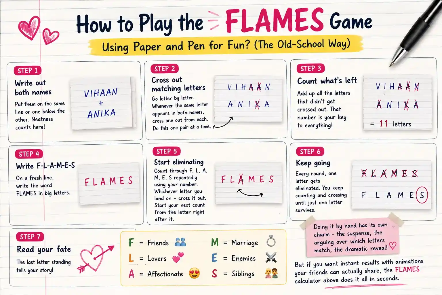Flames Calculator 5 FLAMES Game Using Paper and Pen for Fun